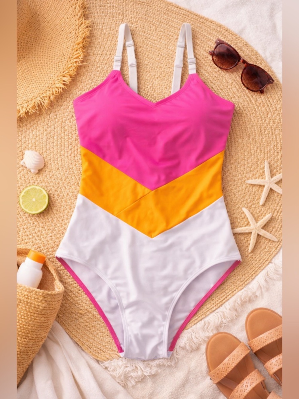 Colorblock One-Piece Swimsuit in White, Orange, and Hot Pink